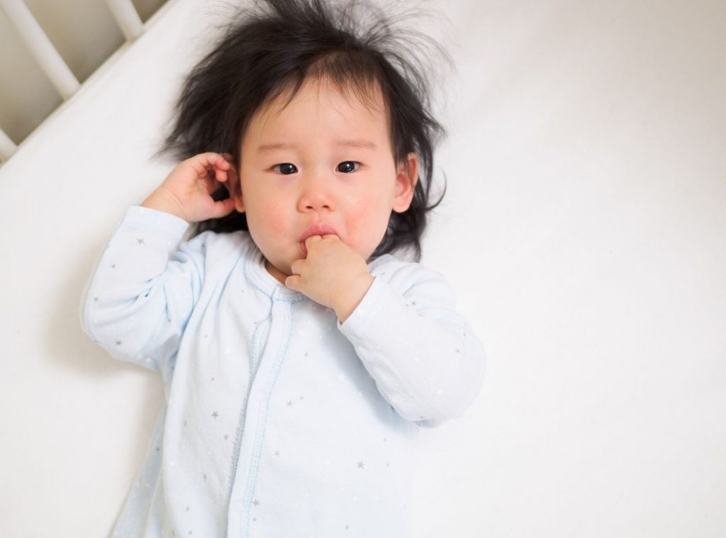 Cute Baby lying in Cot sucking on two fingers